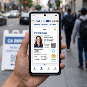 Smartphone displaying a California mobile driver's license verification screen